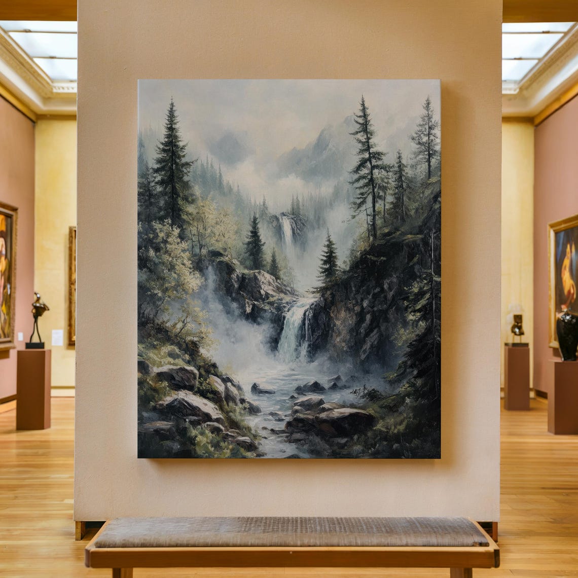 Misty Pine Forest Waterfall Dark Moody Nature Landscape Poster