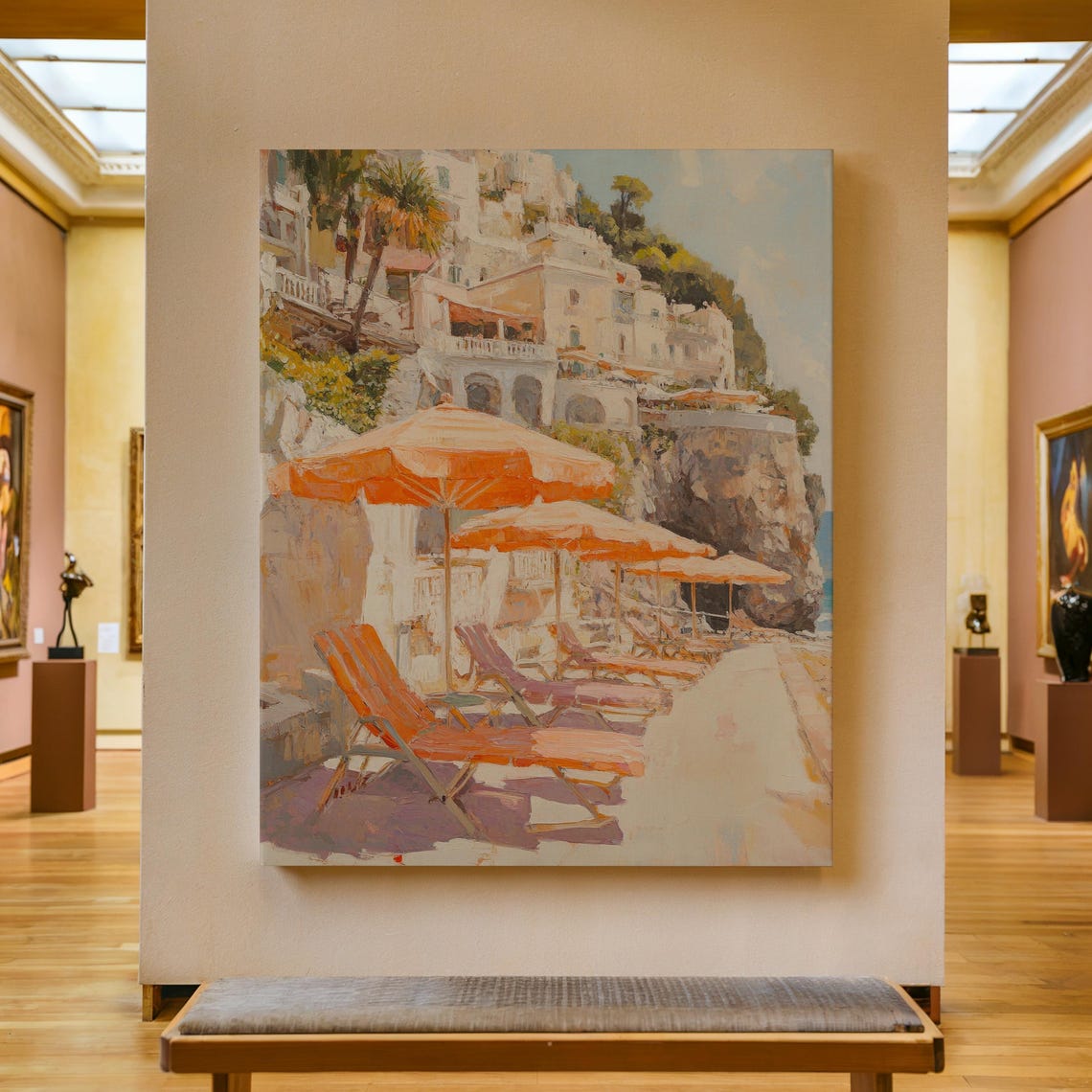 Amalfi Coast Cliffside Town Beach Umbrellas Painting Art Poster