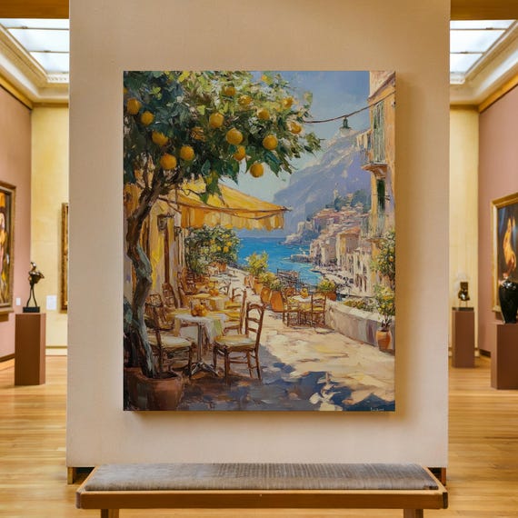 Coastal Canvas Wall Art Amalfi Coast Lemon Tree Painting Mediterranean Street Cafe Print