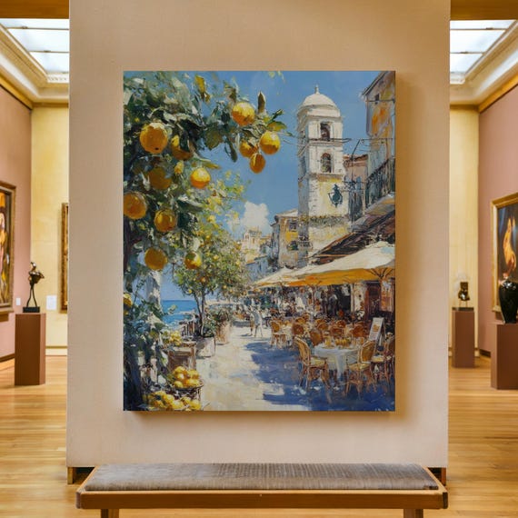 Coastal Canvas Wall Art Amalfi Coast Lemon Tree Painting Mediterranean Street Cafe