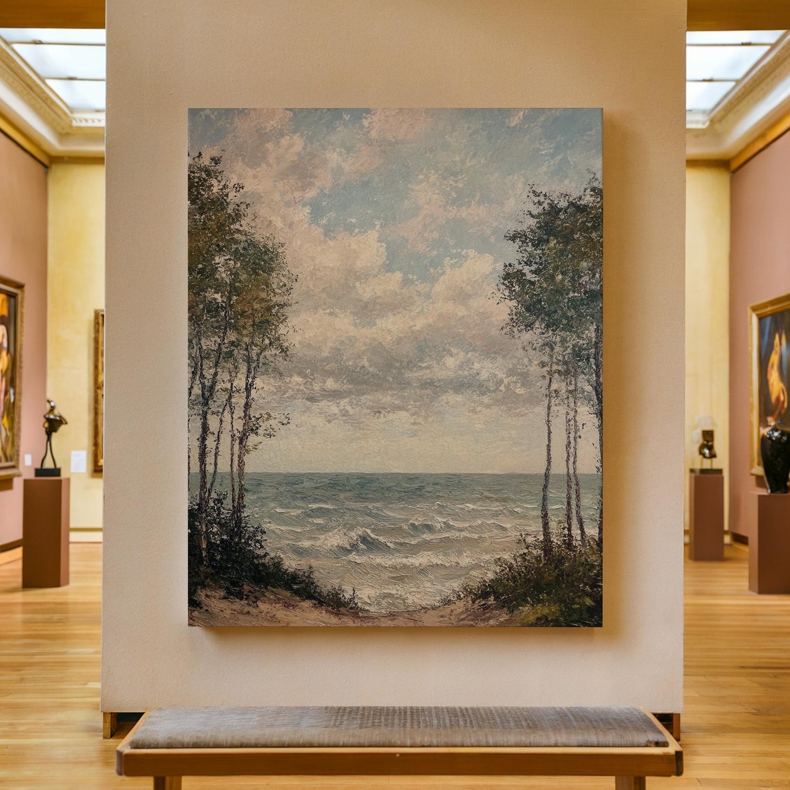 Muted Vintage Seascape Poster with Ocean Waves Framed by Tall Trees