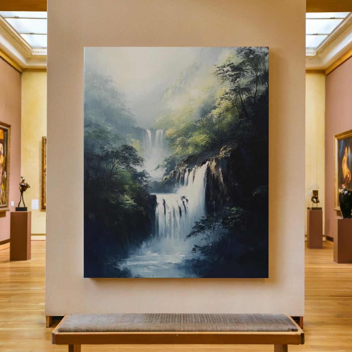 Cascading Tiered Waterfalls in Misty Jungle Gorge Canvas Poster