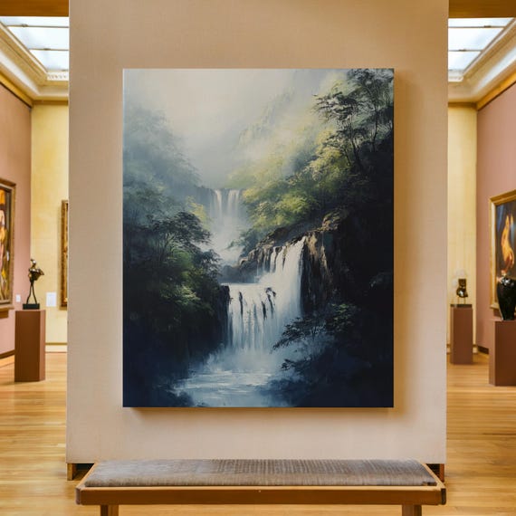 Waterfall Print Mountain Waterfall Painting Nature Wall Art Rustic Farmhouse Decor River Scene Artwork Landscape Oil Painting
