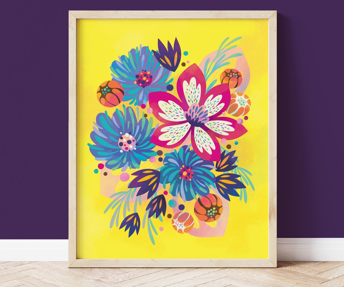 Bright Yellow Floral Botanical Bouquet Maximalist Art Poster