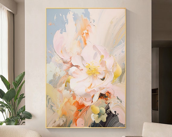 Minimalist Pink Flower Oil Painting, Modern Wall Art Print