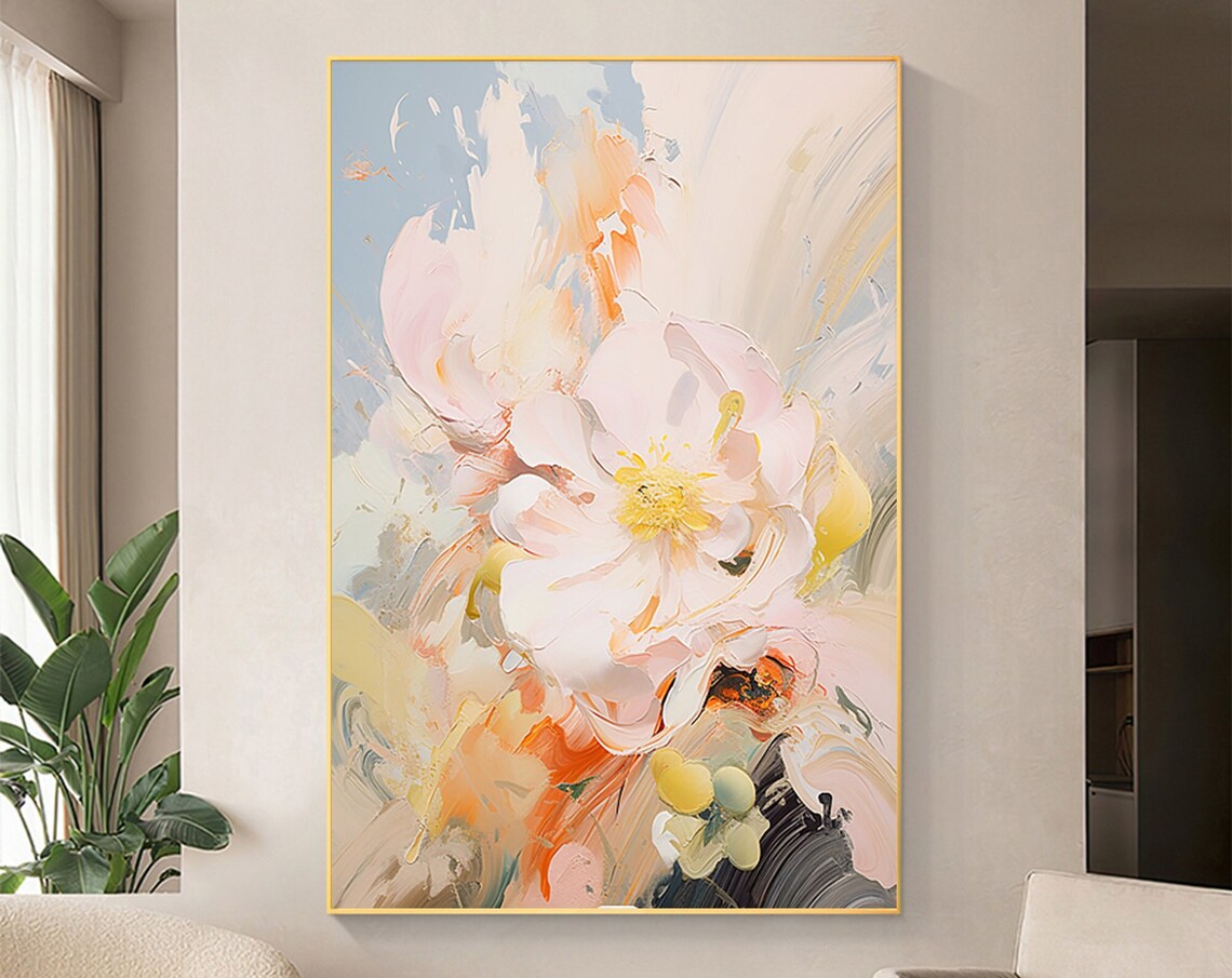 Minimalist Pink Flower Oil Painting, Modern Wall Art Print