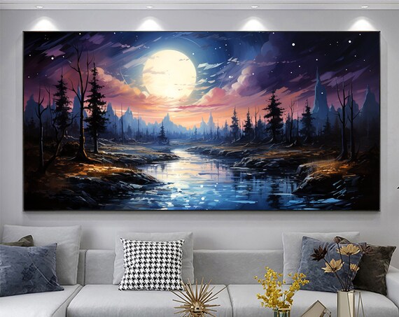 Abstract Night Lake Landscape Oil Painting On Large Wall Art Original Forest Painting Sky Wall Art Boho Wall Decor Living Room Art