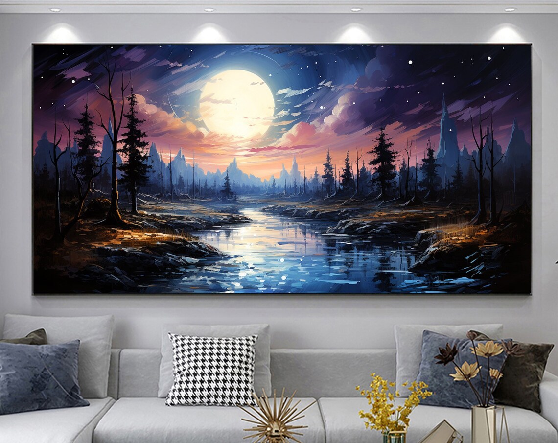 Abstract Night Lake Landscape Oil Painting On Large Wall Art Original Forest Painting Sky Wall Art Boho Wall Decor Living Room Art