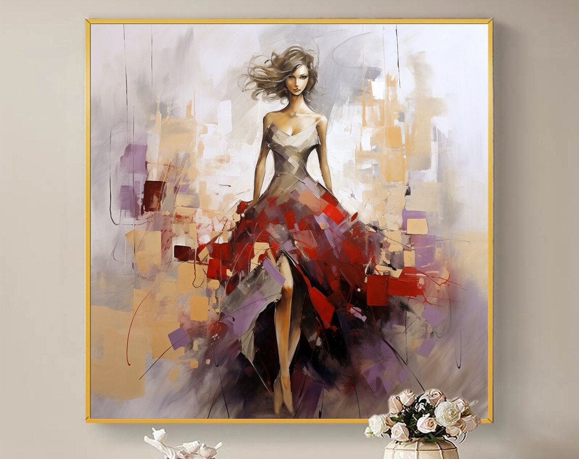 Woman in Red Gown Flowing Abstract Fashion Portrait Art Poster