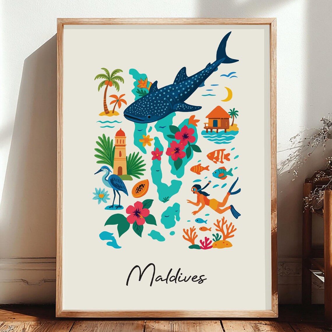 Maldives Print Wall Art Poster Country Illustration Relaxed Decor Unique Artwork Only