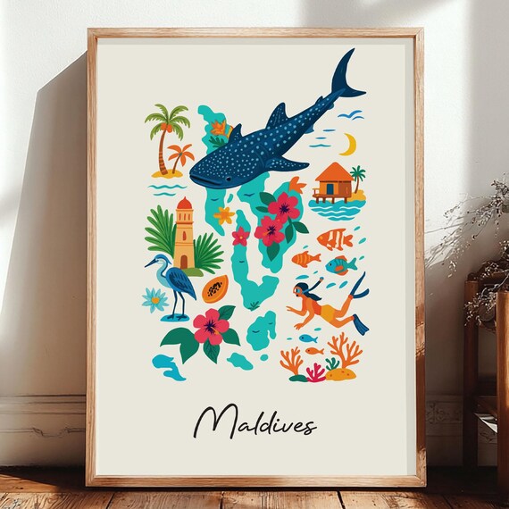 Maldives Print Wall Art Poster Country Illustration Relaxed Decor Unique Artwork Only