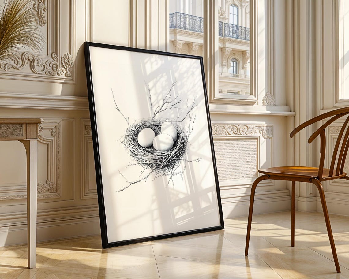 Bird Nest With Three White Eggs Realistic Pencil Drawing Poster - Image 4