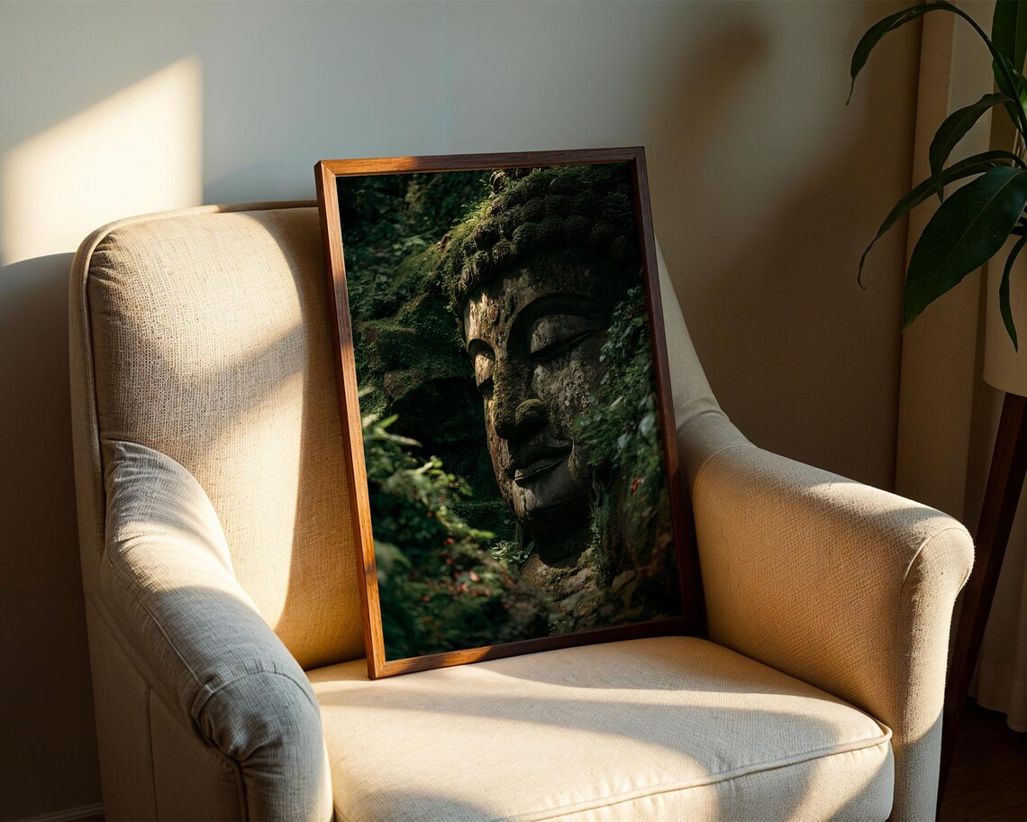 Ancient Moss Covered Buddha Head Zen Jungle Statue Photo Poster - Image 2