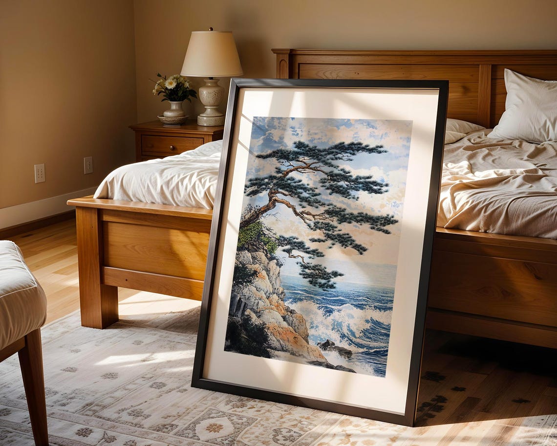 Japanese Pine Tree Coastal Cliff Wave Ukiyo E Style Art Print - Image 4