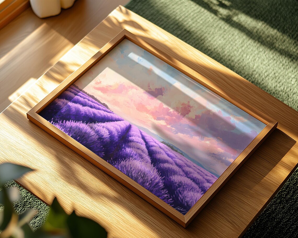 Lavender Rows Sunset Pink Clouds Dreamy Purple Field Landscape Poster - Image 2