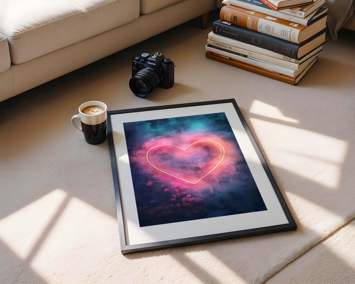 Dreamy Neon Pink Heart Glowing Night Sky Love Romantic Art Print - Image 4