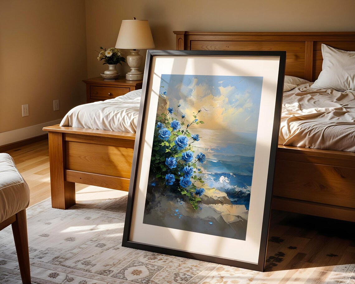Blue Roses Rocky Coast Sunrise Ocean View Floral Oil Painting Poster - Image 4