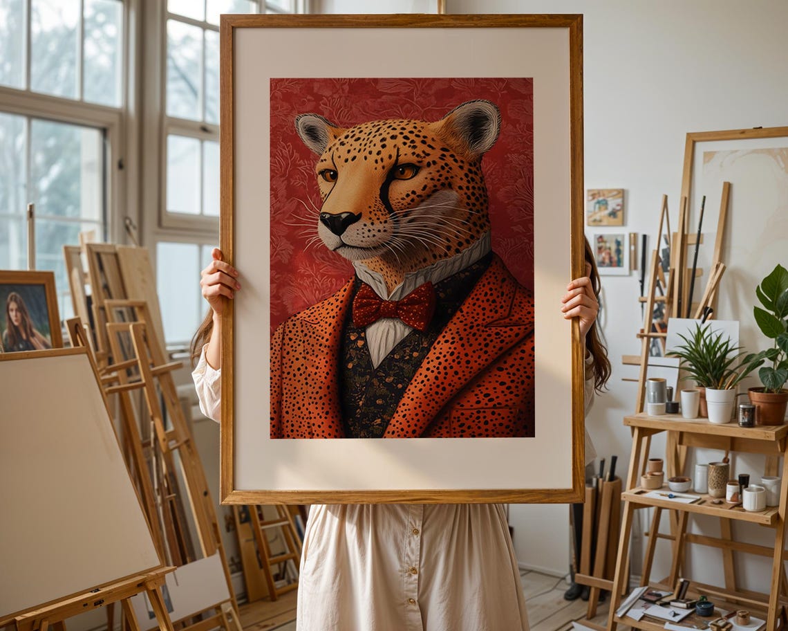 Cheetah in Bow Tie and Jacket Whimsical Animal Portrait Poster - Image 3