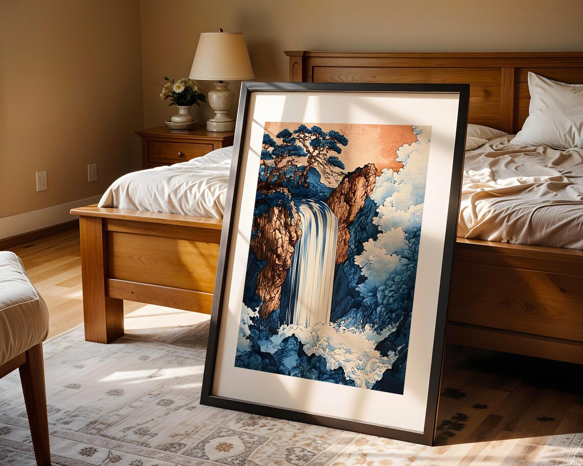 Vintage Japanese Woodblock Waterfall Art Poster with Blue Pine Trees - Image 4