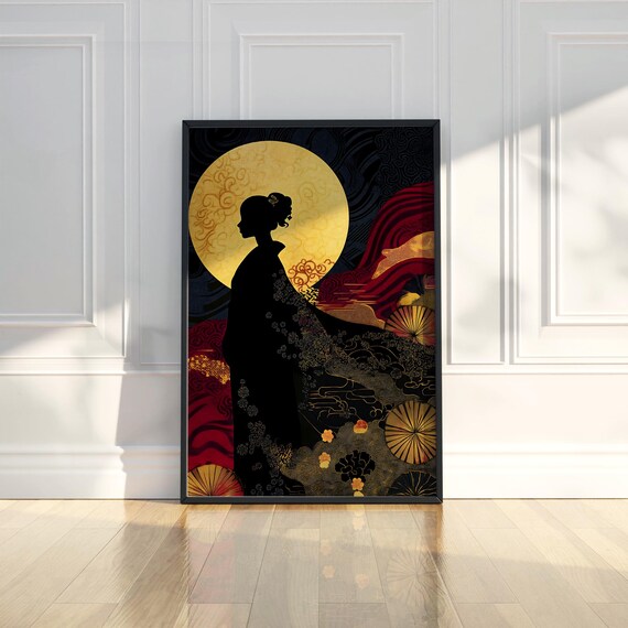 Japanese Kimono Woman Silhouette Golden Moon Black Gold Art Poster