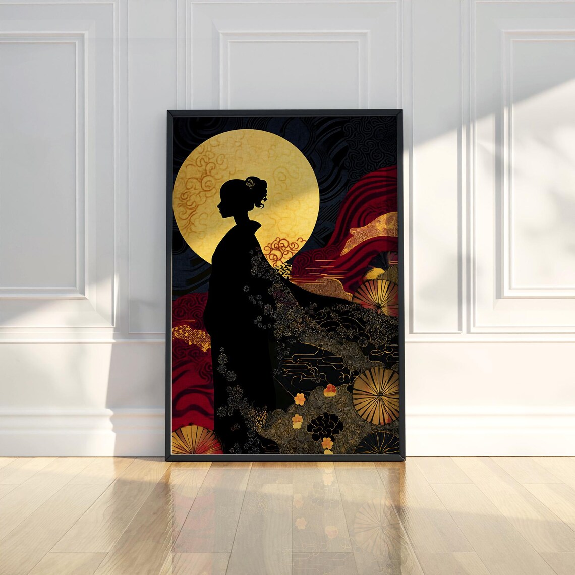 Japanese Kimono Woman Silhouette Golden Moon Black Gold Art Poster