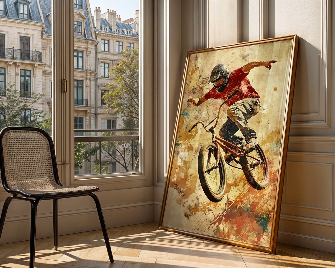 BMX Rider Air Jump Red Shirt Painterly Grunge Sports Action Poster - Image 3