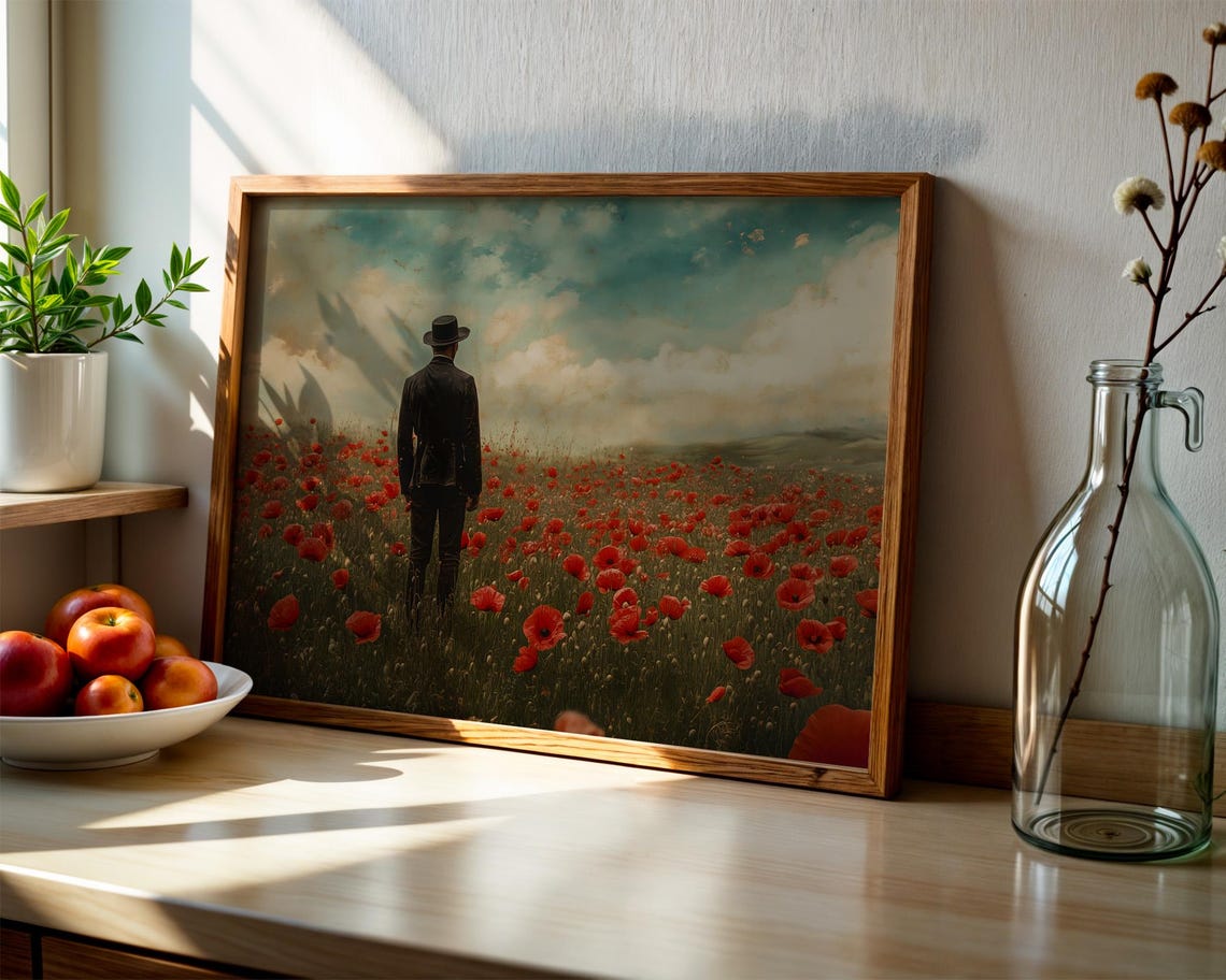 Moody Men In Red Poppy Field Wall Art Print Oil Painting Remembrance Day Floral Nature Landscape Home Decor Living Room Bedroom Office Gift - Image 2