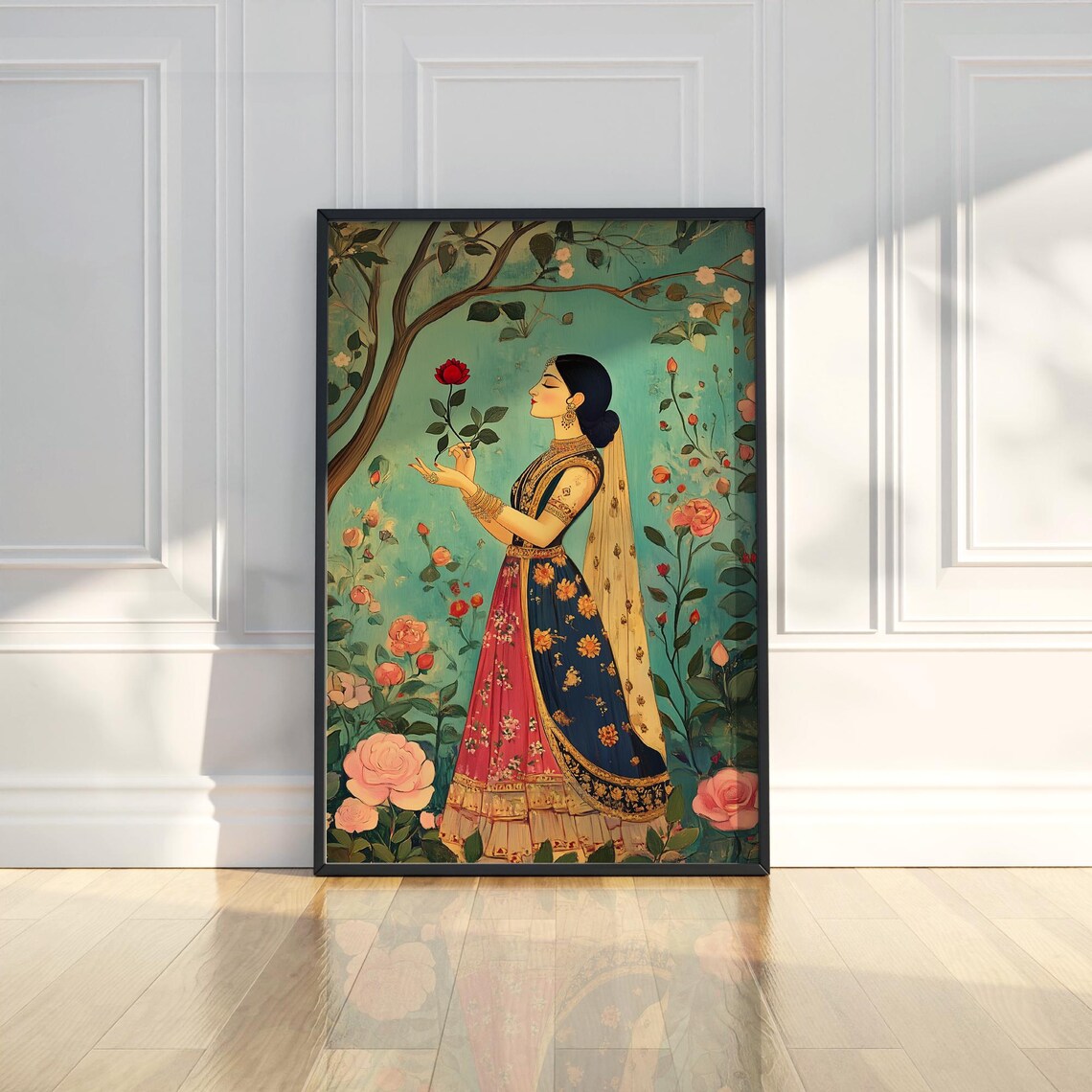 Traditional Indian Woman Red Rose Garden Mughal Style Art Poster