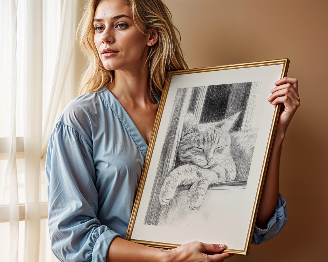 Sleeping Tabby Cat Pencil Sketch Window Sleeping Kitten Art Poster - Image 2