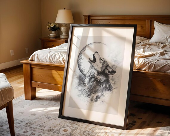 Howling Wolf With Crescent Moon Monochrome Wildlife Sketch Poster