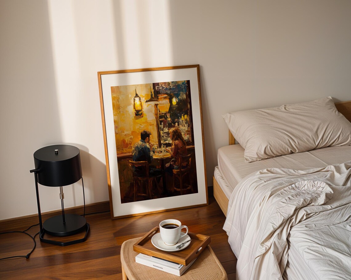 Romantic Couple Night Bar Warm Lamp Light Intimate Oil Painting Poster - Image 2