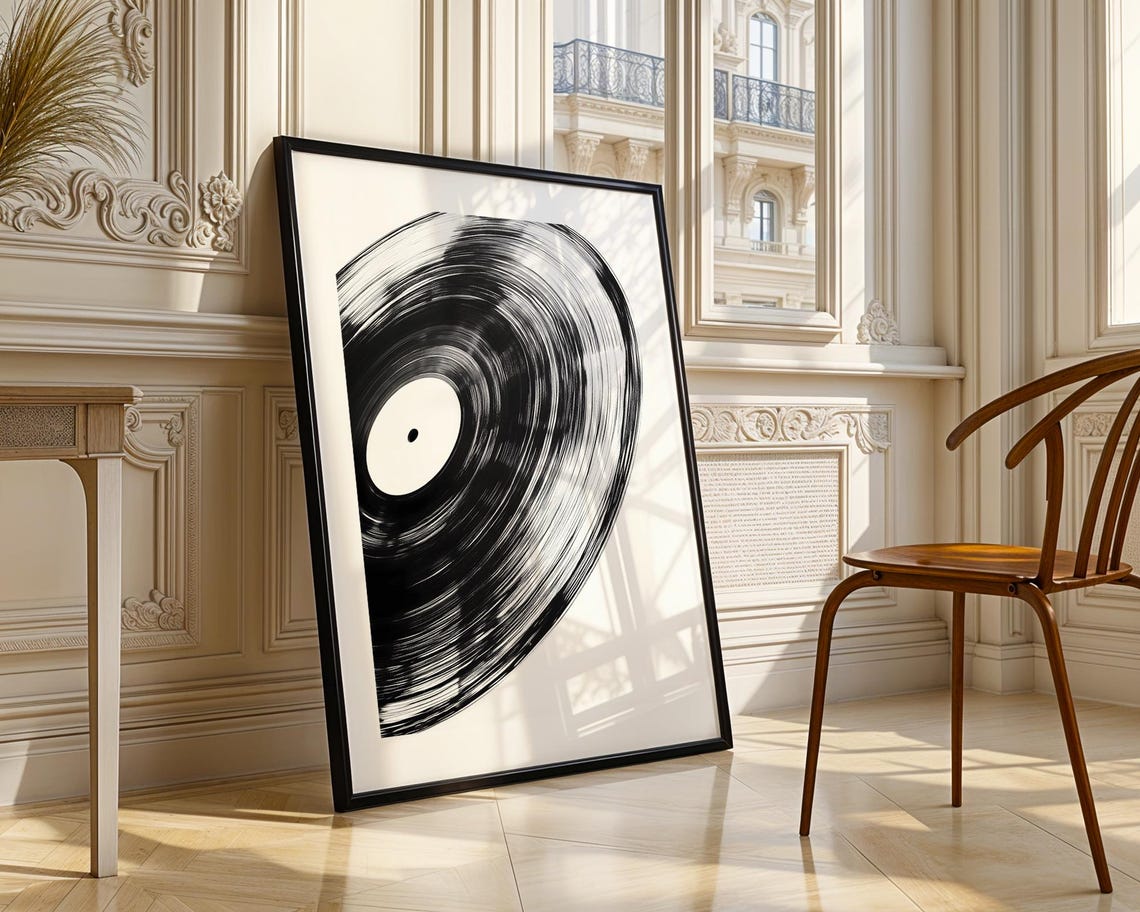 Spinning Vinyl Record Close Up Black White Abstract Music Poster - Image 4