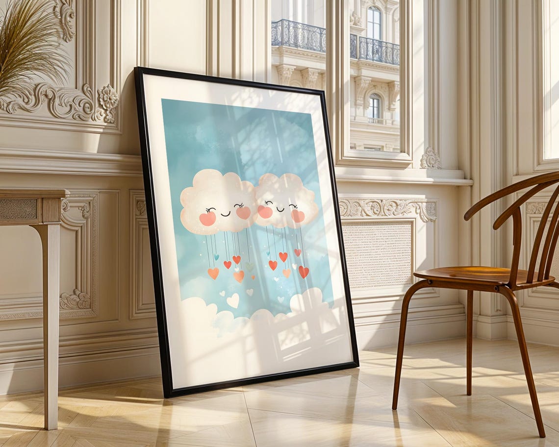 Happy Clouds Raining Hearts Cute Whimsical Nursery Art Poster - Image 2