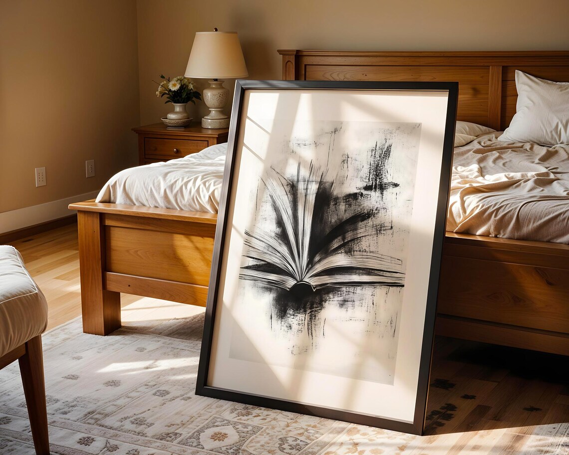 Magical Open Book With Flying Pages Black Charcoal Abstract Poster - Image 5