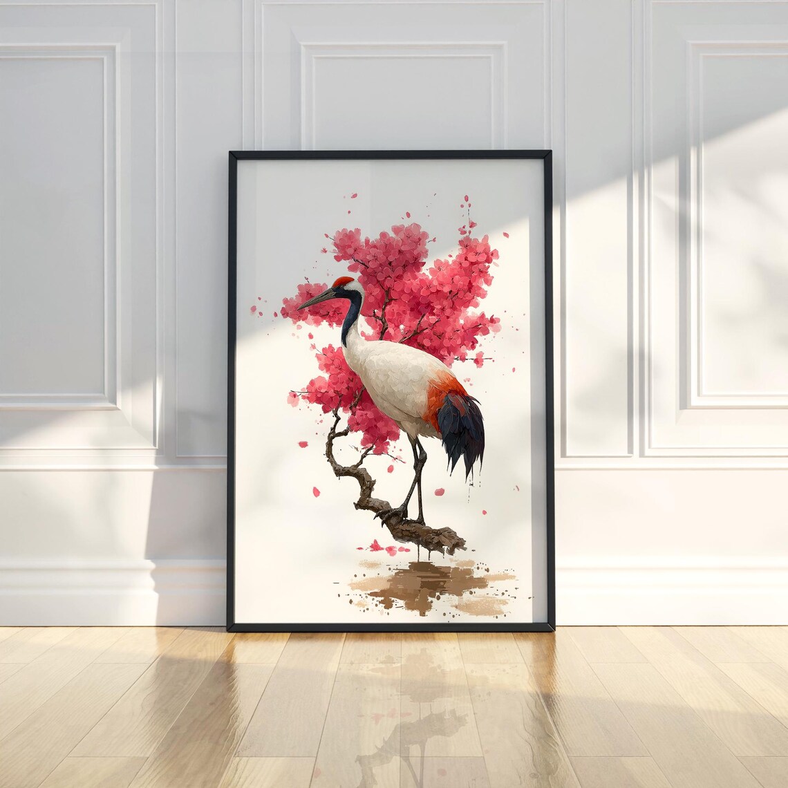 Red Crowned Crane Cherry Blossom Watercolor Japanese Painting Poster