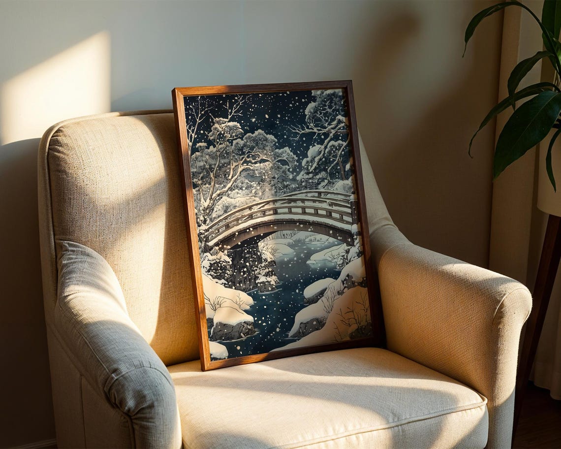 Serene Japanese Snowy Night Bridge Winter Landscape Art Print - Image 2