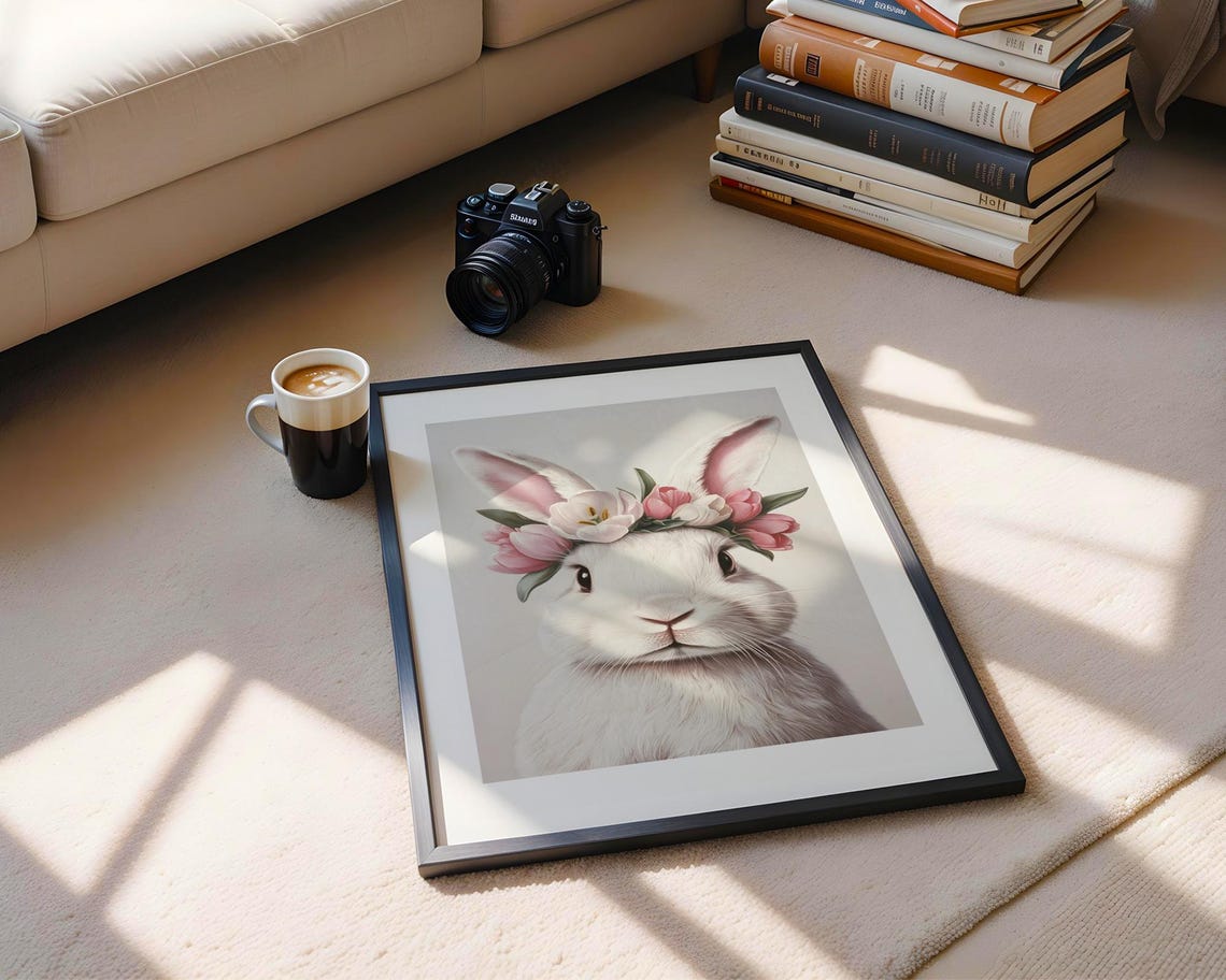 Sweet White Bunny Pink Floral Crown Nursery Easter Art Poster - Image 5