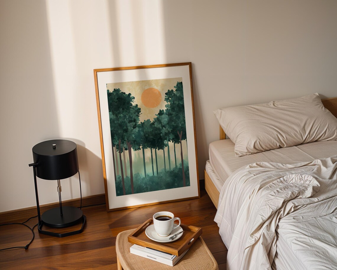Green Forest Orange Sun Minimalist Watercolor Landscape Art Poster - Image 2