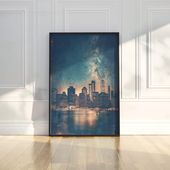 Starlit City Skyline Wall Art Print Celestial Urban Trendy Poster Metropolis Modern Home Office Bedroom Decor