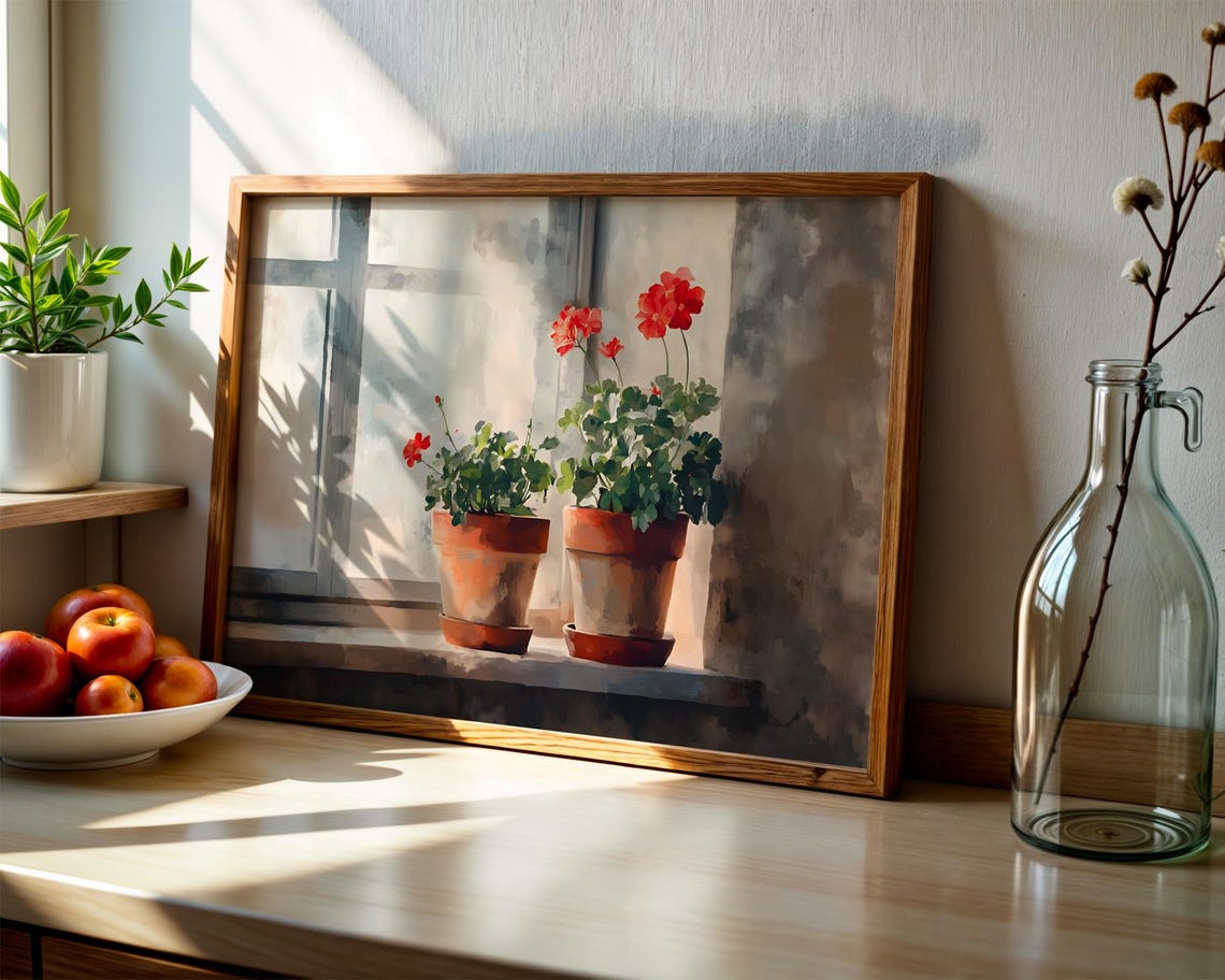 Red Geraniums Terracotta Pots Windowsill Watercolor Art Poster - Image 2