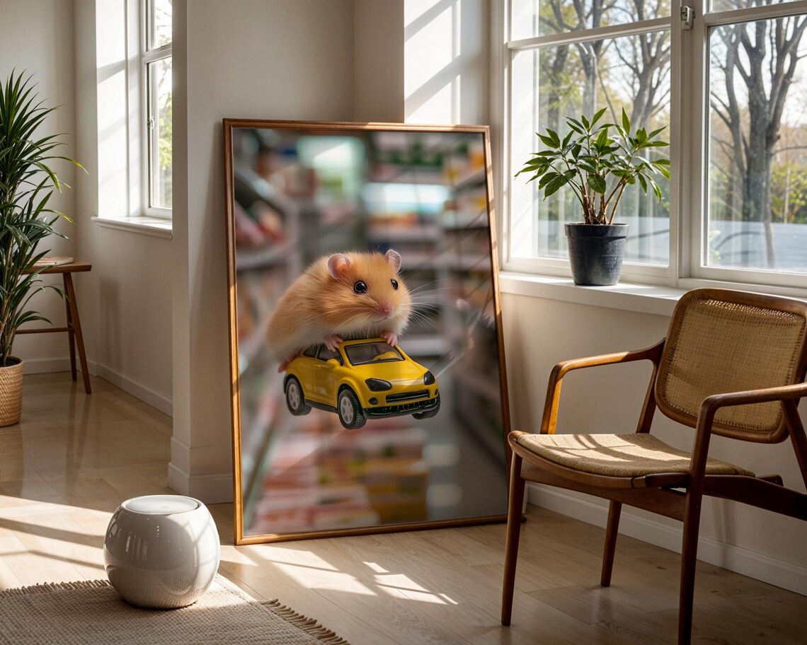 Hamster With Yellow Toy Car Playful Store Aisle Adventure Poster