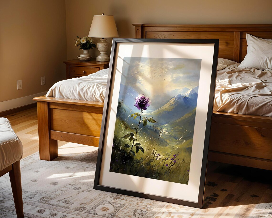 Purple Rose Bloom Green Valley Mountain Landscape Oil Painting Poster - Image 4