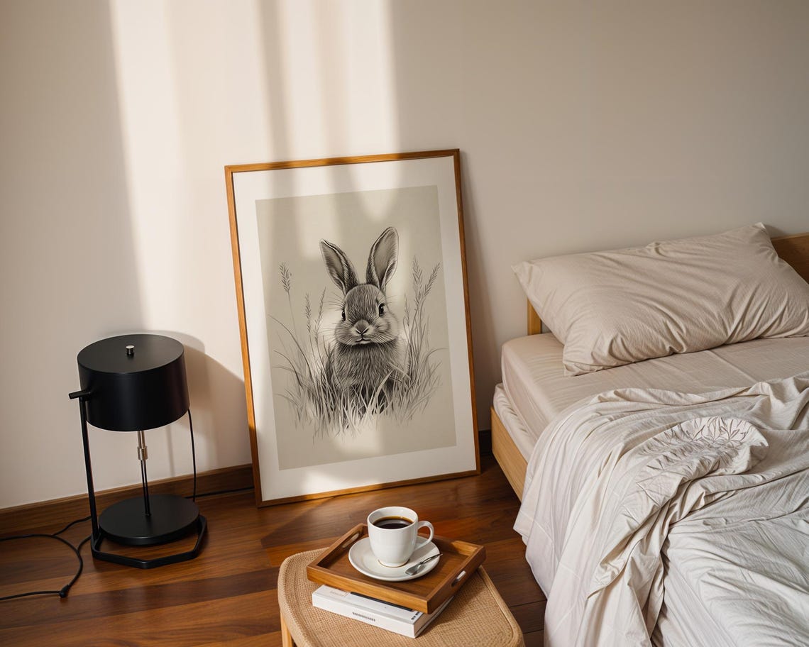 Detailed Pencil Sketch Rabbit in Meadow Grass Poster for Nursery Walls - Image 2