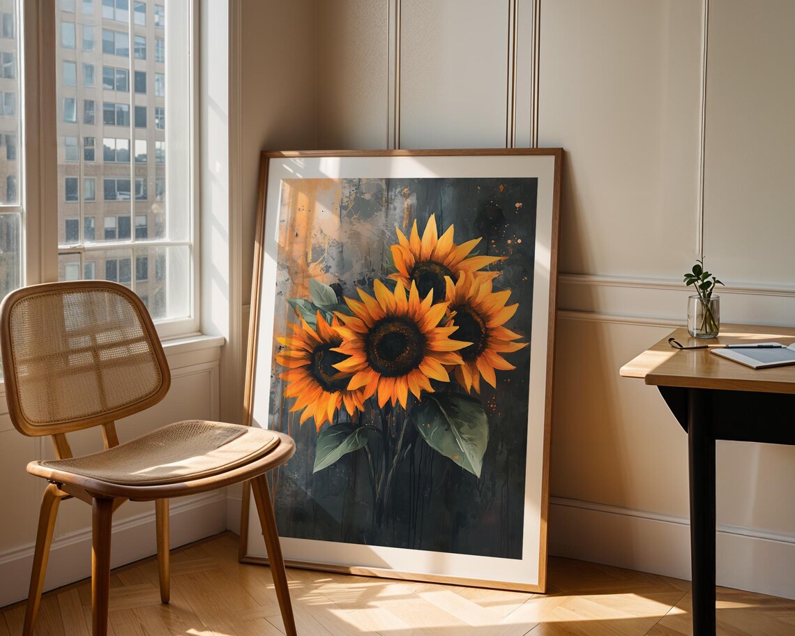 Bright Bold Sunflower Bouquet Rustic Grunge Floral Painting Poster - Image 3