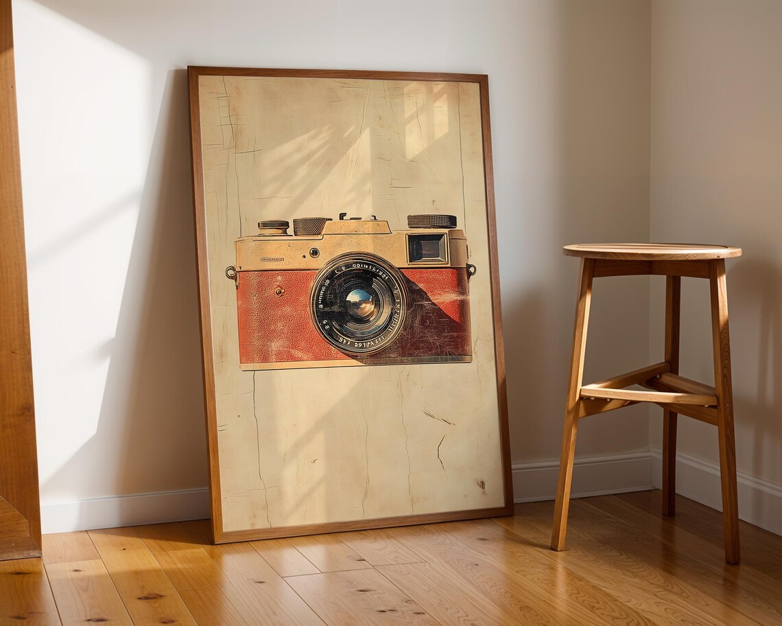 Vintage Rangefinder Camera Tan And Red Leather On Wood Poster - Image 3
