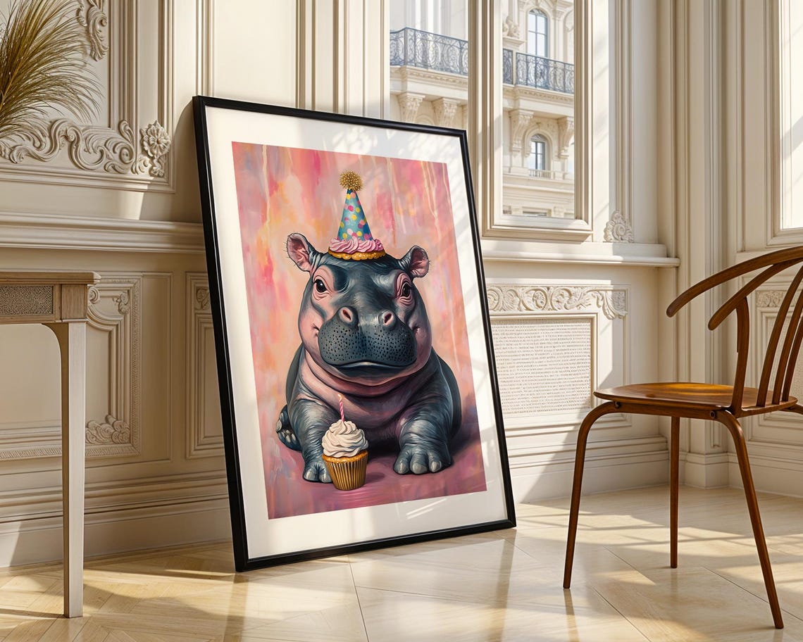 Cute Baby Hippo Party Hat Cupcake Pink Nursery Animal Poster - Image 2