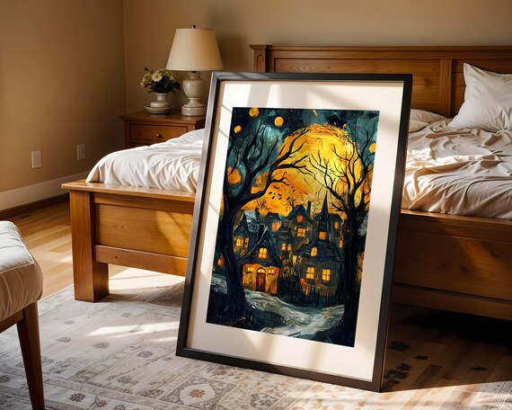 Haunted Village Harvest Moon Spooky Night Halloween Scene Poster