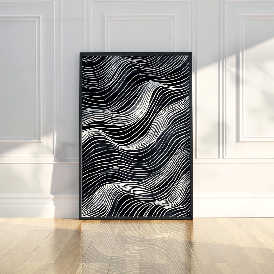 Abstract Ocean Waves Black White Line Art Modern Monochrome Poster