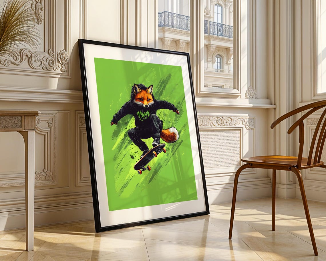 Skateboarding Fox Black Hoodie Jump Bold Green Graffiti Style Poster