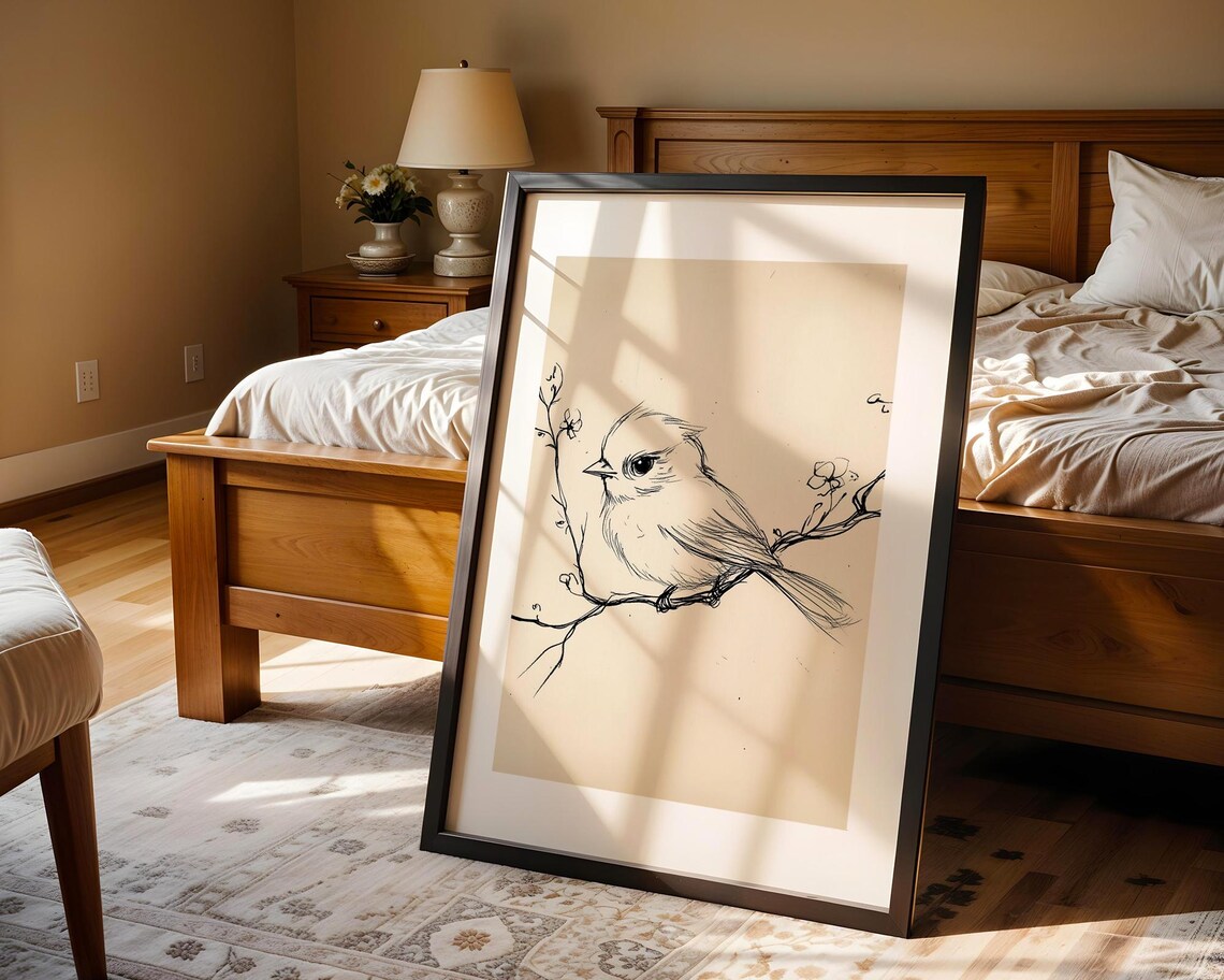 Songbird On Blossom Branch Vintage Ink Sketch Bird Art Poster - Image 4
